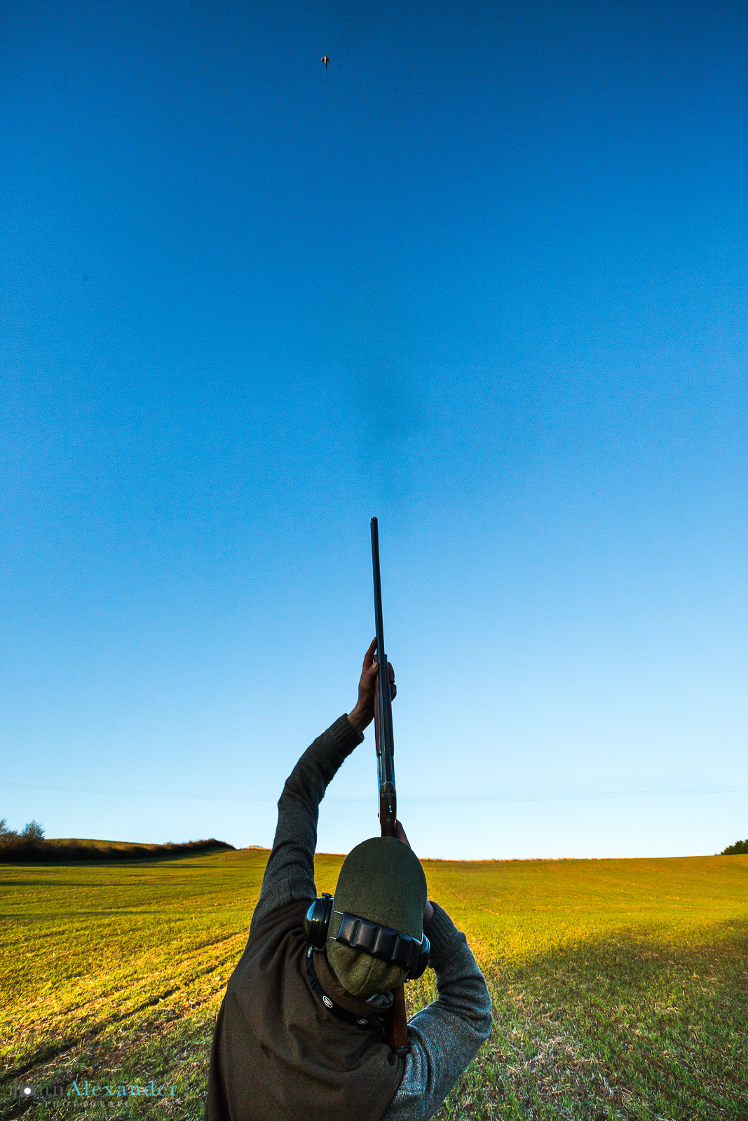 vertical image of a gun shooting a high pheasant 