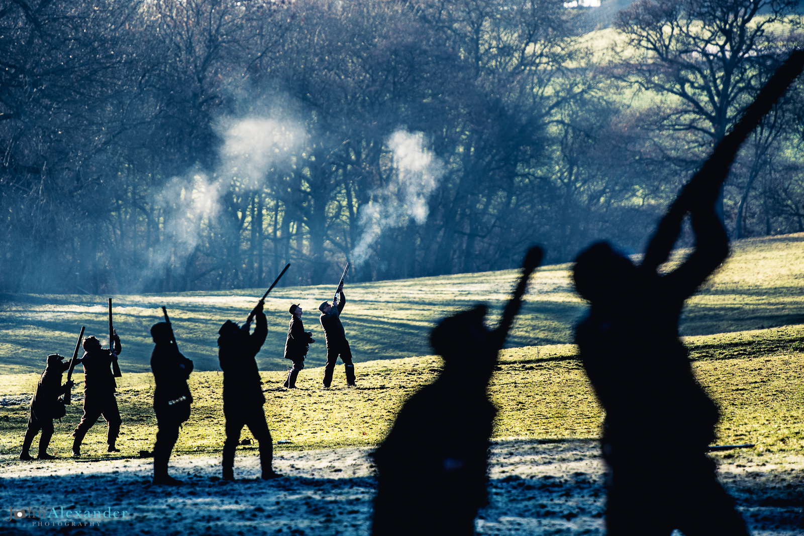 silhouette of line of guns shooting pheasants on driven game shoot